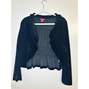 Vintage Y2K Womens Whimsigoth Black Velvet Ruffle Open Cropped Cardigan Small